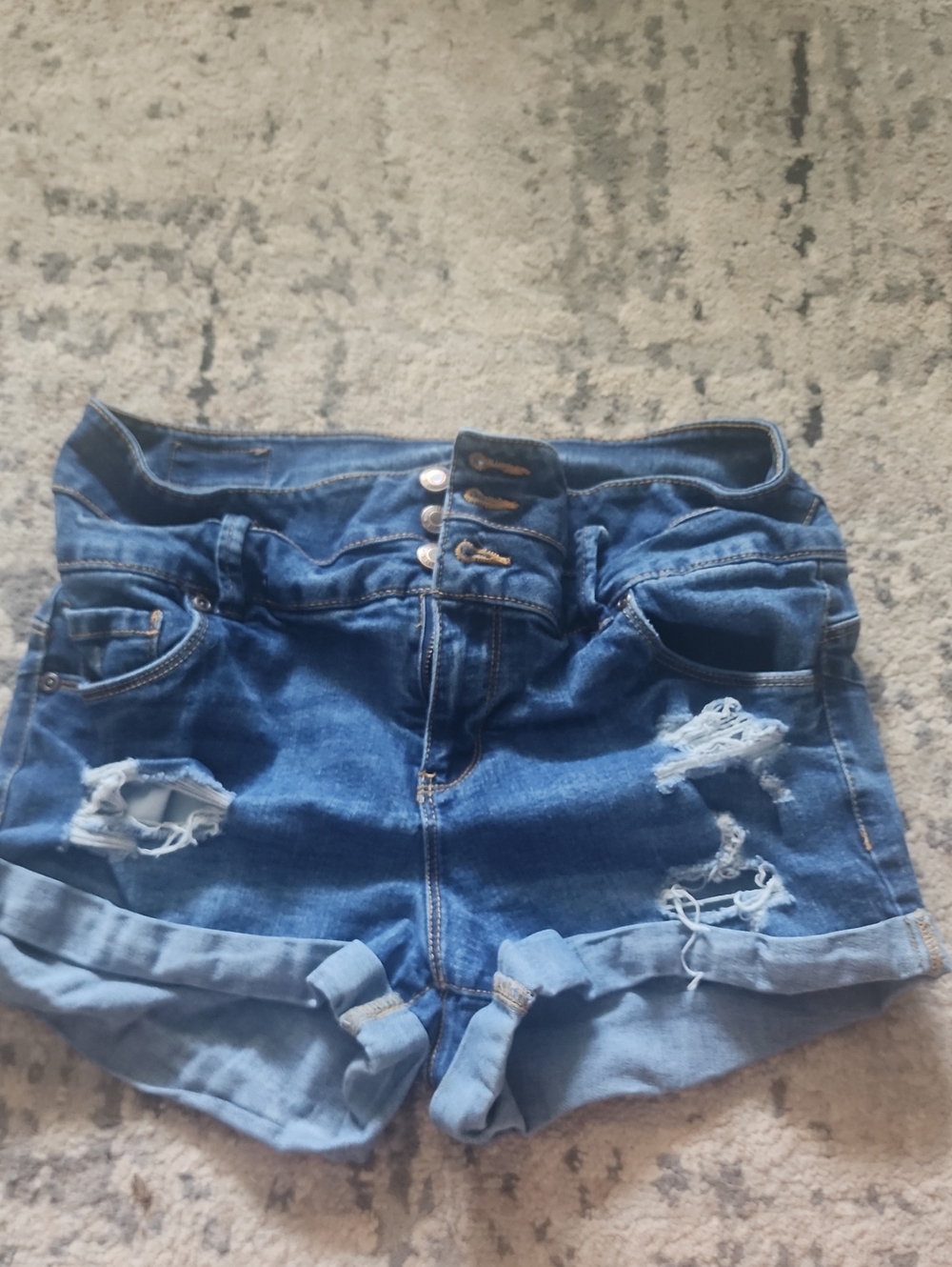 Bluenotes Triple-Button Distressed High-Rise Denim Shorts in Blue